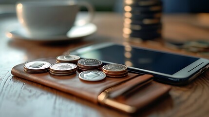 coins resting in a leather wallet beside a smartphone placed on a wooden table.