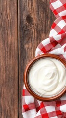 Wall Mural - A rustic wooden table features a bowl filled with creamy Greek yogurt alongside a wooden spoon, complemented by a red-and-white checkered cloth for a homey touch