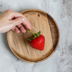 Sticker - A hand reaches for a fresh, red strawberry on a wooden plate.