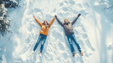 Poster - Two friends play joyfully in fresh snow, making snow angels in a picturesque winter landscape surrounded by trees