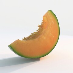 Poster - A juicy slice of cantaloupe melon with a green rind and orange flesh isolated on a white background.