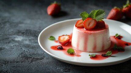 Delicate Strawberry Panna Cotta on a sleek white plate, with vibrant strawberries and a touch of mint,