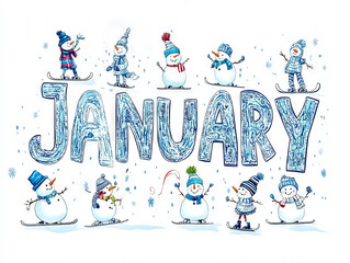 Wall Mural - January illustrated with colorful seasonal icons