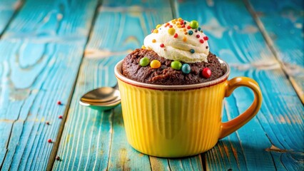 Wall Mural - Delicious mug cake with various toppings served in a colorful ceramic mug