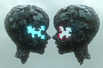 Canvas Print - Futuristic digital illustration of two faces with puzzle shaped brains symbolizing the intricate process of intellectual discovery and emotional connection