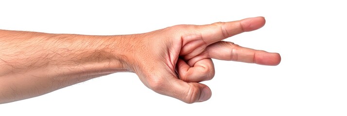 Close-up of a hand making a gesture with two extended fingers, isolated on white background.