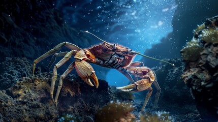 Wall Mural - A large crab crawls along the ocean floor with a dark blue background.