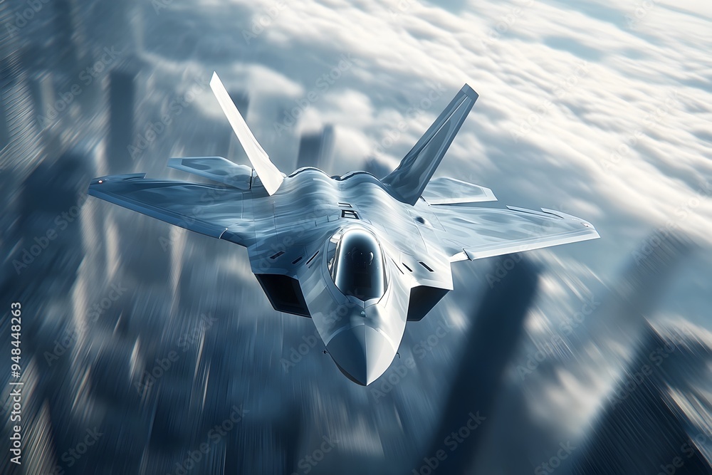A futuristic skyline with a sleek high speed F 22 Raptor fighter jet in ...
