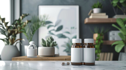 Two amber bottles with blank white labels sit on a marble countertop with a single pill in the foreground.