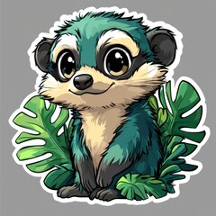 Canvas Print - Cute Cartoon Meerkat with Big Eyes in Tropical Leaves