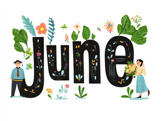 Wall Mural - June illustrated with colorful seasonal icons