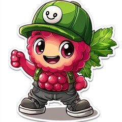 Canvas Print - Cute Raspberry Cartoon Character Wearing a Green Cap