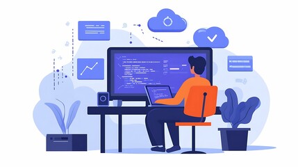 A modern illustration featuring a developer working on a computer with multiple screens, surrounded by cloud icons and data graphics, symbolizing software development and cloud computing.