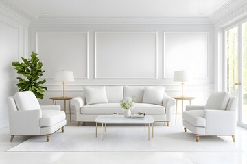 Wall Mural - Elegant and Cozy Minimalist Living Room Interior Design with 3D Rendering   A bright airy and inviting living space featuring modern furniture clean lines and a calming serene atmosphere