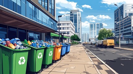 Recycle bins on a city street, next to modern buildings with a truck passing by.