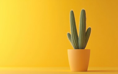 3D rendering of a small cactus plant in a pot on a yellow isolated background