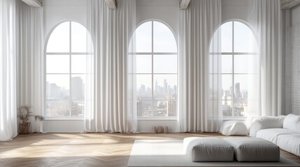 Luxurious loft apartment with arched windows and panoramic urban views elegant interior design mockup featuring white curtains and wooden flooring 3D rendering