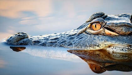 A close-up of a crocodile's eye, reflecting the landscape.