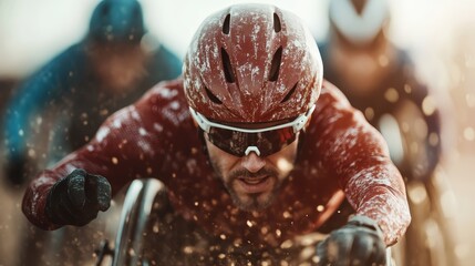 Athletes compete fiercely in a wheelchair race, showcasing their determination and strength. This image captures the intense energy and motion of adaptive sports.