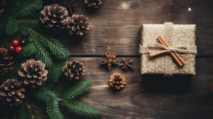 Wall Mural - Festive Splendor: Captivating Top View of Christmas Gift Adorned with Pine Cones and Cinnamon Sticks