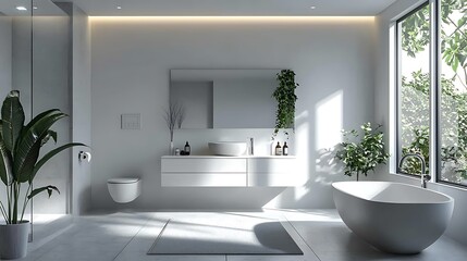 Wall Mural - Modern minimalist bathroom interior with a freestanding bathtub, sleek sink, and a picturesque window view.