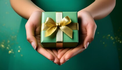 A delicate, green gift box, adorned with a golden bow, rests gently in the palm of outstretched hands, symbolizing a heartfelt present and the anticipation of joy.