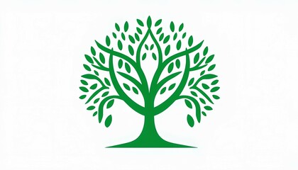 Stylized minimalist tree with a symmetrical canopy and intricate branches with  full, leafy appearance with numerous leaves, in  the overall green color scheme against white background, icon image 