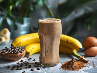 Sticker - A delicious chocolate banana smoothie with fresh bananas, cocoa powder, and ingredients on a kitchen counter surrounded by greenery