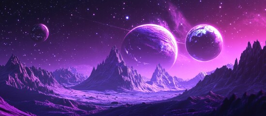 Aufkleber - 3D cartoon depiction of a purple space landscape featuring large planets in a starry sky complemented by meteors and mountains An alien world showcasing nature with a massive planet on the horizon