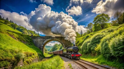 Majestic steam train emerges from a tunnel surrounded by lush greenery, puffing out white clouds against a bright blue sky with scattered cumulus.