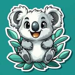 Sticker - Cute Cartoon Koala Bear Sitting in Green Leaves