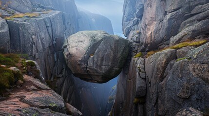 A large, round boulder precariously balanced between two towering cliffs.