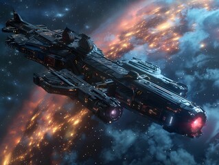 a futuristic spaceship glides through a vibrant cosmic landscape filled with stars and nebulae in de