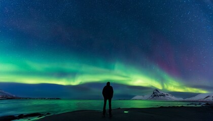 A lone figure standing in awe of the aurora borealis.