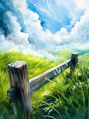 Canvas Print - Wooden Fence in a Green Field Under a Blue Sky.