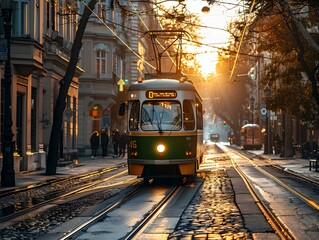 Tram traveling through city streets at sunset with warm light illuminating historic buildings in the evening glow