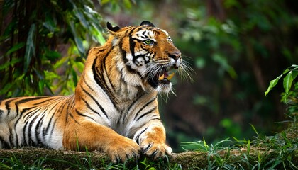 A majestic tiger roars and marks its territory in the jungle.