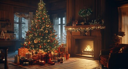 Christmas interior with glowing tree, fireplace, and gifts.