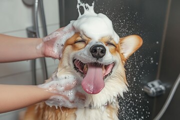 An amusing portrait of a wales corgi pembroke dog showering in a grooming salon with shampoo.