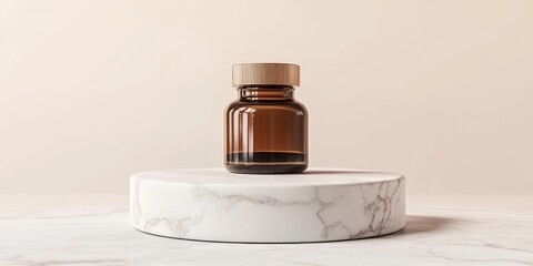 Poster - Prescription bottle icon Bronze symbol on a white marble podium Icon suitable for website social media presentations and design templates 3D rendering