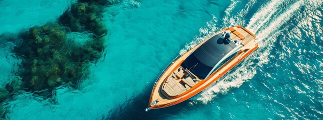 In the Aegean sea, Greece, a luxury rigid inflatable speed boat cruises at high speed in an ultrawide aerial drone photo.