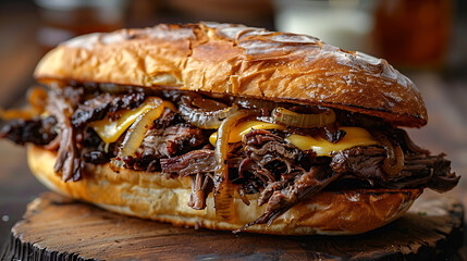 Wall Mural - Juicy beef brisket sandwich with melted cheese and caramelized onions