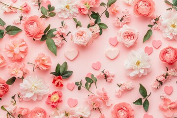 Wall Mural - In a flat lay, top view, copy space, you can see pink flowers, envelopes and hearts on a pastel pink background. Valentine's Day concept.