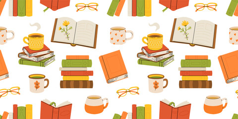 Pile of books, cup of tea and glasses cartoon illustration seamless pattern. Opened and closed books for reading. herbarium . Education, knowledge, study concept, Cozy autumnal reading