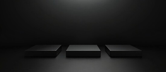 Poster - Dark black 3D background featuring three square podiums on the floor Platforms for product display in an abstract composition providing ample copy space for showcasing a black item and promotional