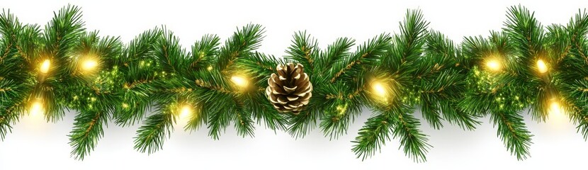 Background with seamless decorative Christmas border made of light garland and coniferous branches