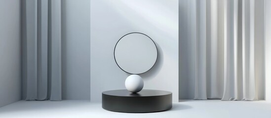 Poster - Black cylindrical podium on an abstract geometric white backdrop Modern pedestal stage featuring a cabinet mirror and spherical lighting Unoccupied minimalist studio Mockup area for cosmetic produ
