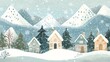 © Hoolity - Charming winter village with snow-covered houses and mountains, surrounded by pine trees and falling snowflakes on a tranquil day.