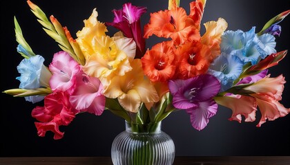 A Symphony of Gladiolus A vibrant bouquet of multi-colored gladiolus blooms in a clear glass vase, showcasing their elegant and striking beauty. The flowers are arranged in a graceful, organic manner