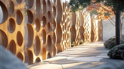 Intricate wood fences with unique luxury patterns, set against a futuristic background, blending natural beauty with modern design